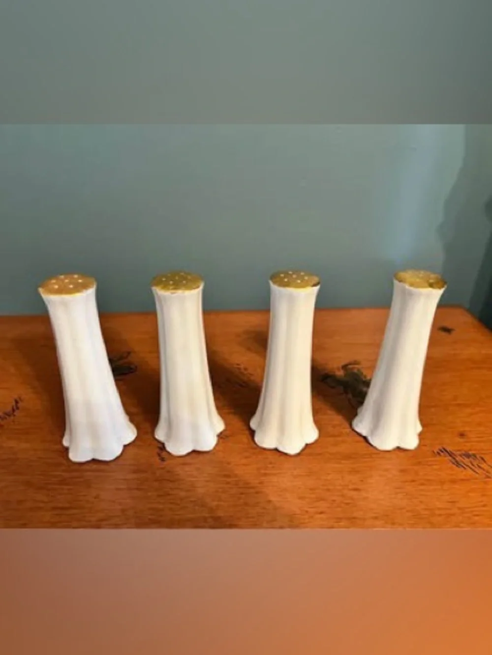 Vintage White Ceramic Salt Pepper Shakers Gold Trim and Script 'G' - Set of 4